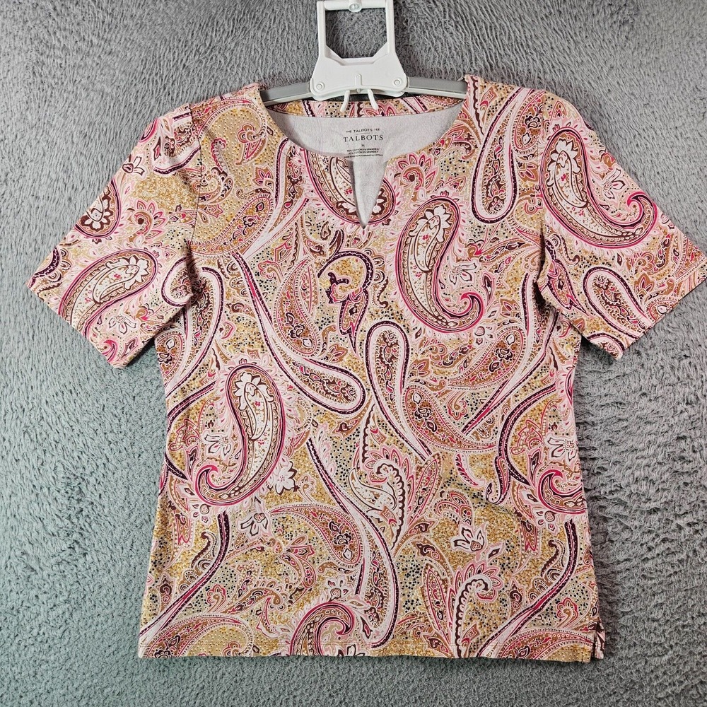 The Talbots Tee‎ Top Women Medium Paisley Print Short Sleeve Purple Pink Tone